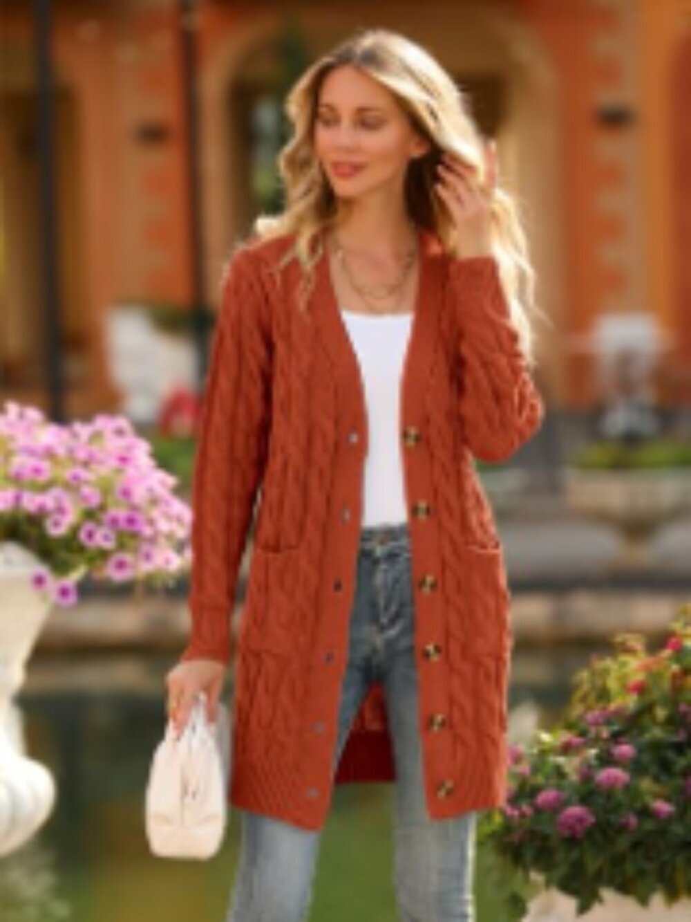 Long Cable Knit Cardigan Sweater with Pockets Open Front Button Down - Picture 6 of 7